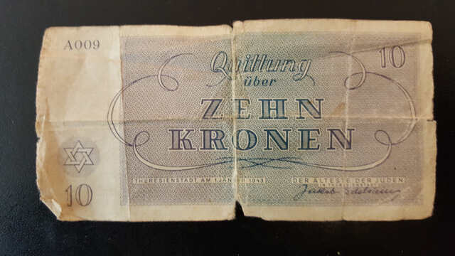 Een bankbiljet van tien kronen uit Theresienstadt. 