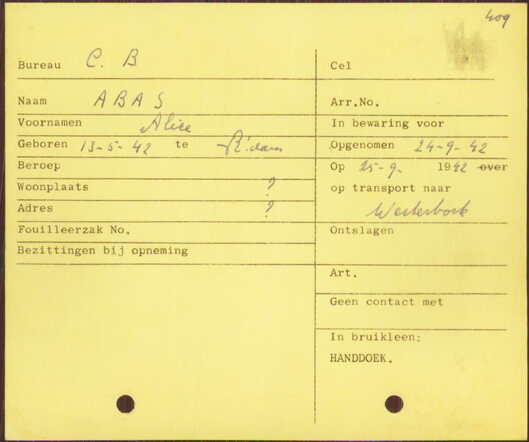 Kaart politiebureau Rotterdam 1942-09 arrestatie baby Alice Abas NL-RtSA_63_3482_00006r.jpg