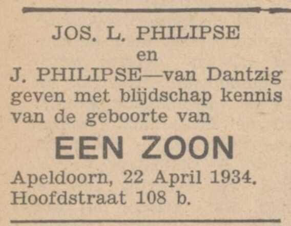 Philipse, 1934.04.23, Geboorte vermelding in de krant.jpg