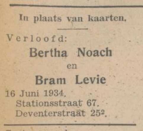 Levie, 1934.06.16, Verloving met B. Noach (adres Dv25-2 is van zus Bram).jpg