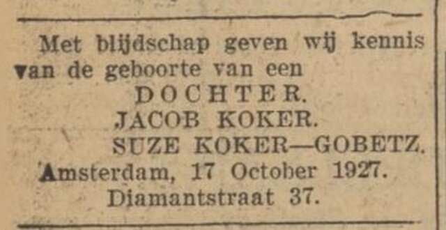 dochter Jacob Koker en Suze Koker-Gobetz geboren Alg Hdb 17 okt 1927.jpg
