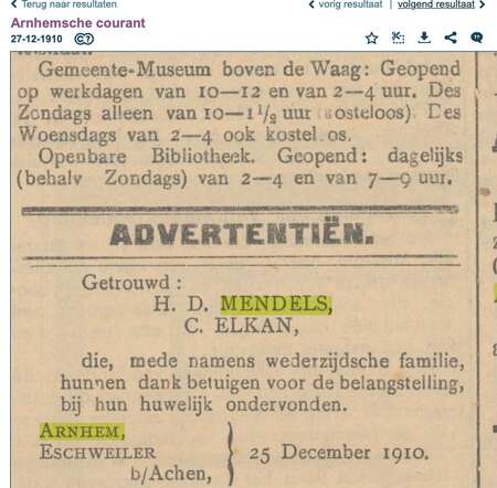 Huwelijksdatum 25 december 1910