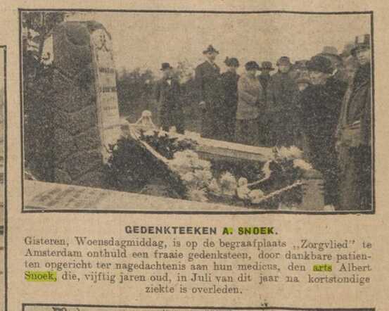 Een krantenartikel van de  begrafenis van Albert Snoek, de echtgenoot van Jeanette Elisabeth Houthakker-Snoek