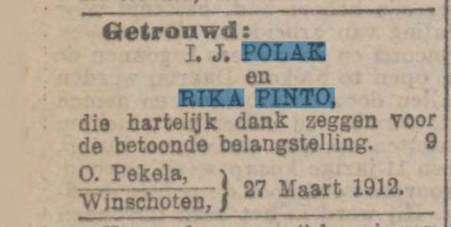 Huwelijksaankondiging I.J. Polak en Rika Pinto