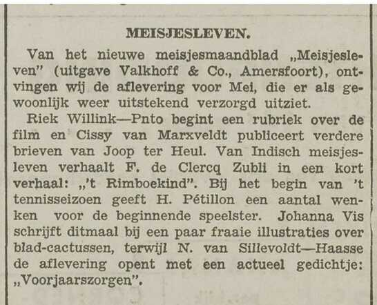  Mededeling in de krant dat Riek Willink-Pinto een filmrubriek begint in het blad Meisjesleven