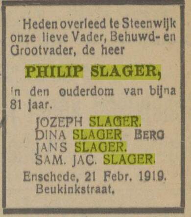 24-2-1919 Enschedese courant overlijden Philip Slager.jpg