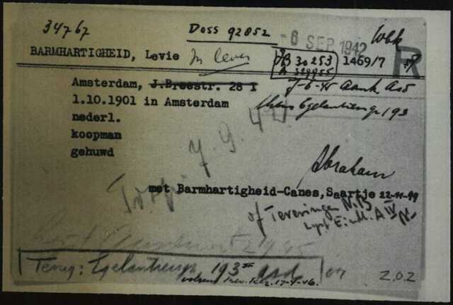 Kaart Joodseraad Levi Barmhartigheid 06-09-1942 transport Westerbork 07-09-1942 Transport naar Sobibor.jpg