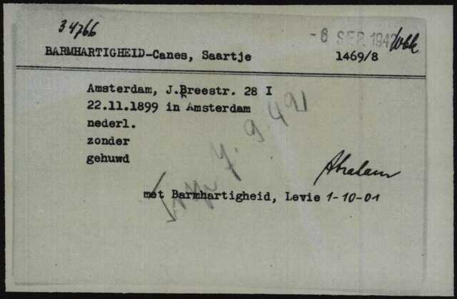 Kaart Joodseraad Saartje Barmhartigheid - Canes 06-09-1942 transport Westerbork 07-09-1942 Transport naar Sobibor.jpg
