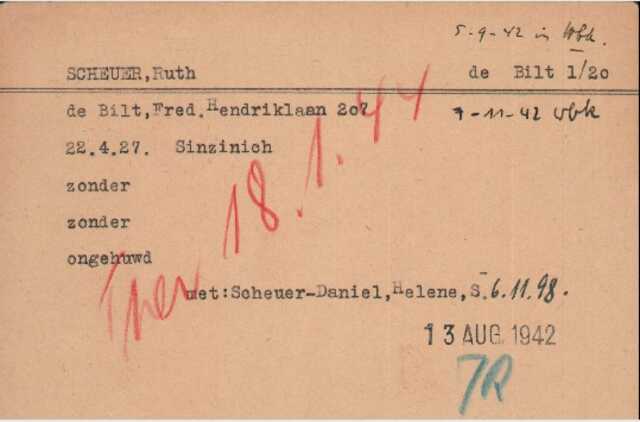 Persoonskaart Joodsche Raad voor Ruth Scheuer 