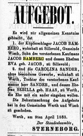 1883 Jacob, zoon van Jacob en Eva trouwt met Carolina Sander