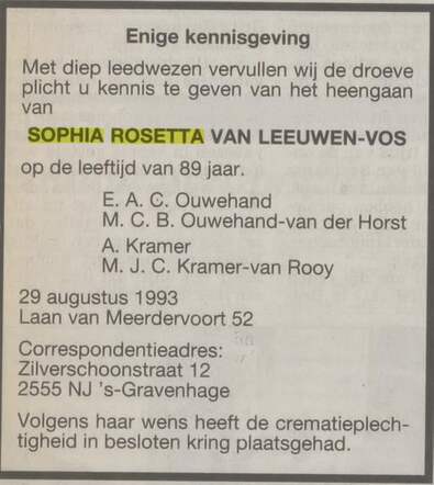 Overlijdensbericht Algemeen Dagblad, 3 september 1993