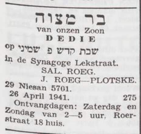 Geboortebericht Dedie Roeg, Joodsch Weekblad 25 april 1941.jpg