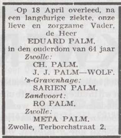 Overlijdensbericht Eduard Palm, Joodsch Weekblad 25 april 1941.jpg