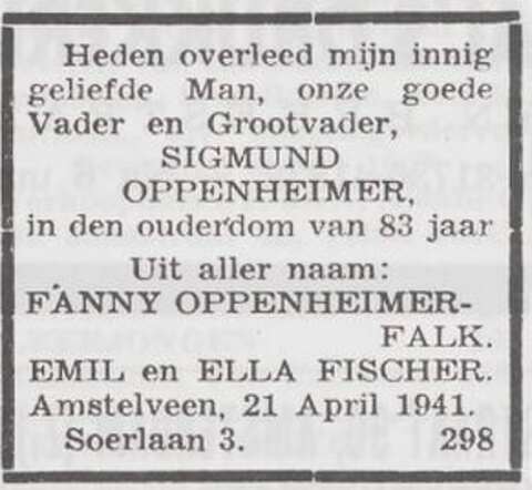 Overlijdensbericht Sigmund Oppenheimer, 25 april 1941.jpg