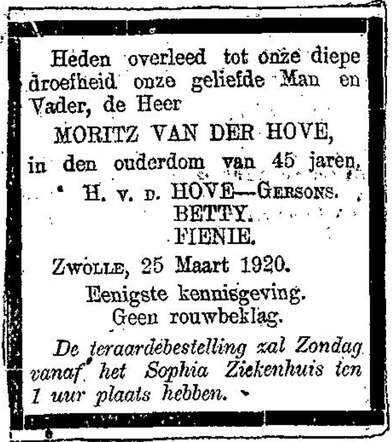 1920-03-25 overlijdensadvertentie Moritz van der Hove.png
