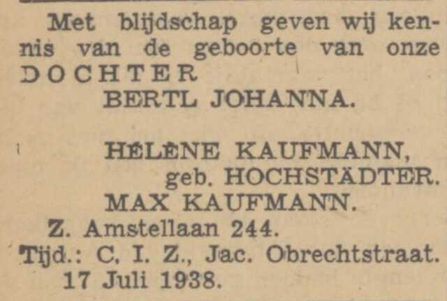 Geboorteadvertentie van Bertl Johanna Kaufmann 