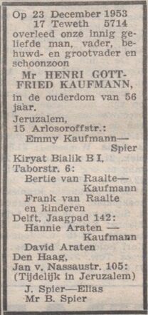 Overlijdensadvertentie van Henri Gottfried Kaufmann