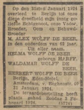 Overlijdensadvertentie van M. Alex Wolff de Beer