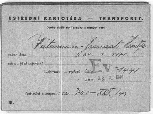 Card index card  from Theresienstadt of the Central Transport File of Heintje Waterman-Granaat.