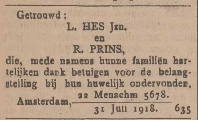 Hes, BL, 1918.08.02, Bericht getrouwd Centr. Blad v Isr. in NL.jpg
