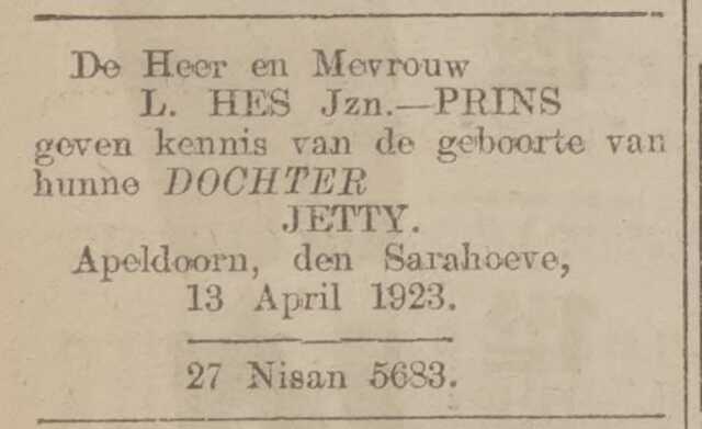 Hes, BL, 1923.04.20, Geboorte dochter Jetty.jpg
