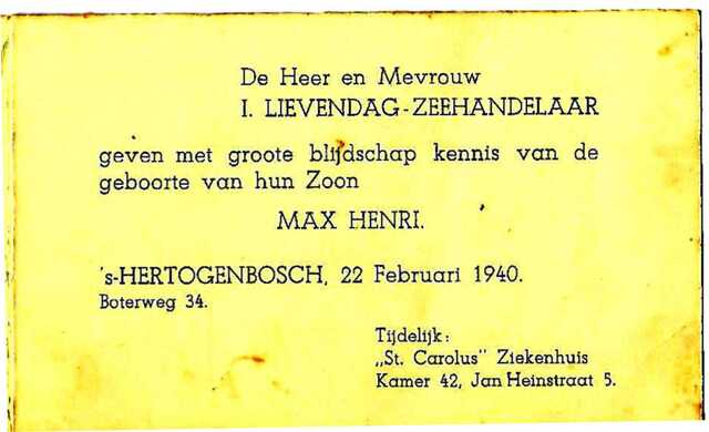 Birth annoncation of Max Henri Lievendag