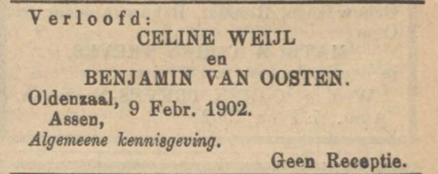 1902-02-09 Nieuw Israelietisch weekblad- Verloving Celine Weijl en Benjamin van Oosten.png