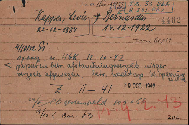 Kaart Joodse raad Levie Kapper 30 okt 1942 met Bernardus Kapper kleur.jpg