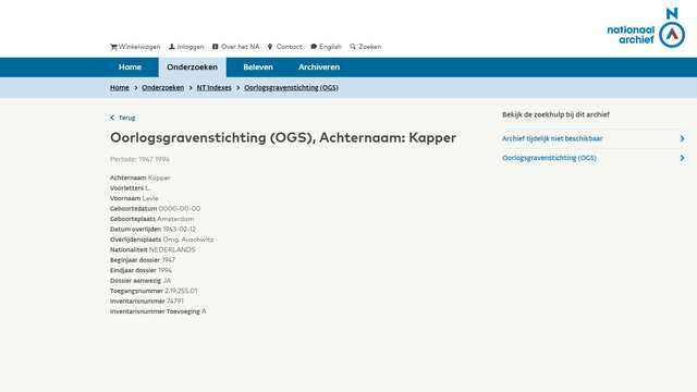 Knipsel uit nationaal archief oorlogsgravenstichting Levie Kapper.JPG