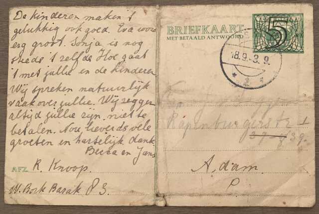 Briefkaart van  R. Knoop Westerbork barak  83