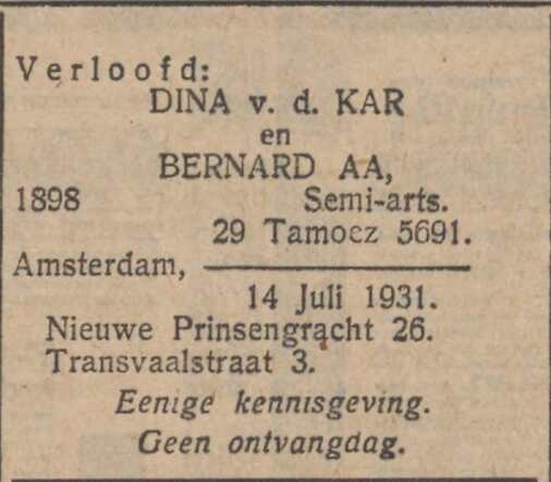 Verloving Dina van der Kar en Bernard Aa