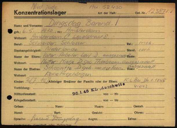 Registration of Barend Dingsdag in Buchenwald