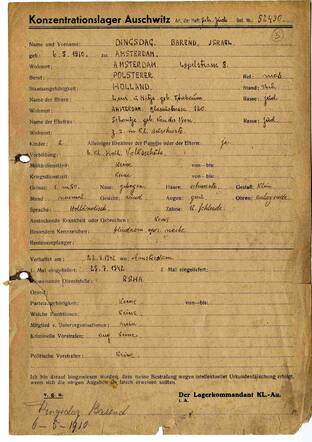 Camp registration Auschwitz for Barend Dingsdag