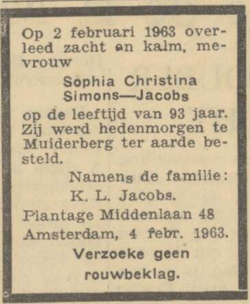 Overlijdensadvertentie Sophia Christina Simons-Jacobs