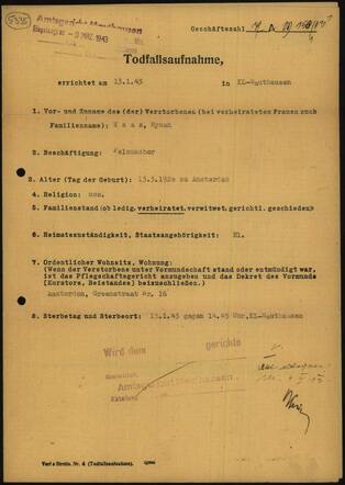 Hijman Waas, Mauthausen death certificate.
