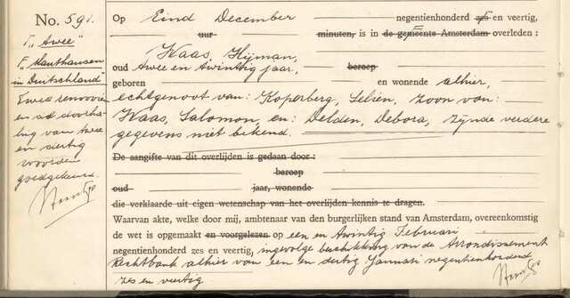 Death certificate of Hijman Waas
