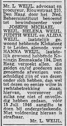Oproep van Louis Weijl in de Leidsche Courant van 5 juni 1946.