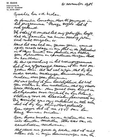handgeschreven brief (november 1986) van mijn vader over Jaap Loonstein n.a.v. programma Vroege Vogels-1