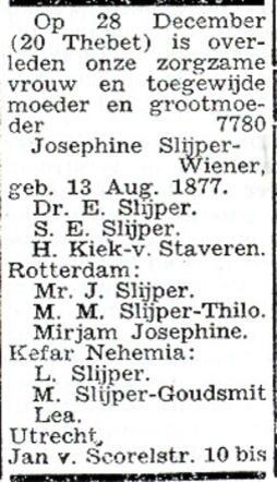 Overlijdensadvertentie Josephine Slijper-Wiener, moeder van Salomon.jpg