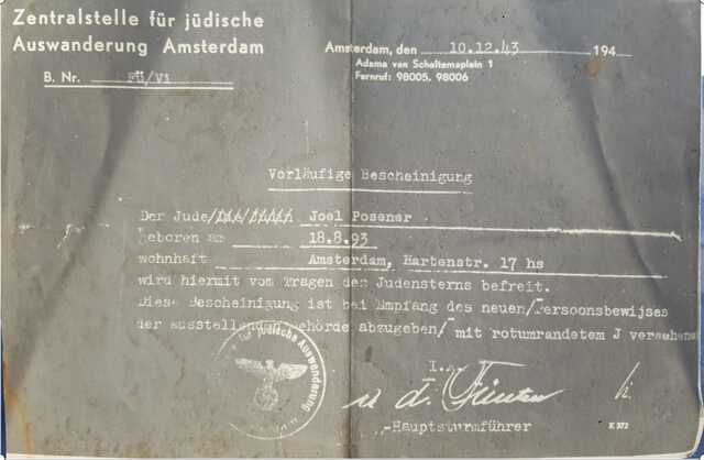 Schrijven 10-12-1943 zentraalstelle fur judische auswanderung Amsterdam, Vrijstelling voor het dragen van Jodenster 000.jpg