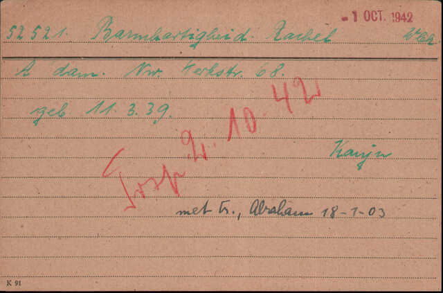 Kaart Joodse Raad Rachel Barmmhartigheid 11-03-1939 dochter van Abraham en Rebecca Barmhartigheid - Aandagt.jpg