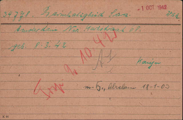 Kaart Joodse Raad Sara Barmmhartigheid 08-03-1942 dochter van Abraham en Rebecca Barmhartigheid - Aandagt.jpg