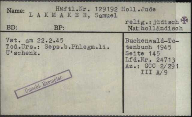 Samuel Lakmaker geboren 09-08-1917 archiefkaart Buchenwald Totenbuch 1945 pagina 145..jpg