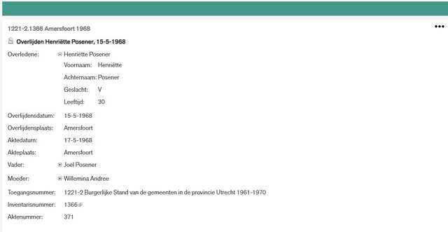 Archief Gemeente Utrecht 15-05-1968 overlijden Henriette Posener geboren 22-05-1937.jpg