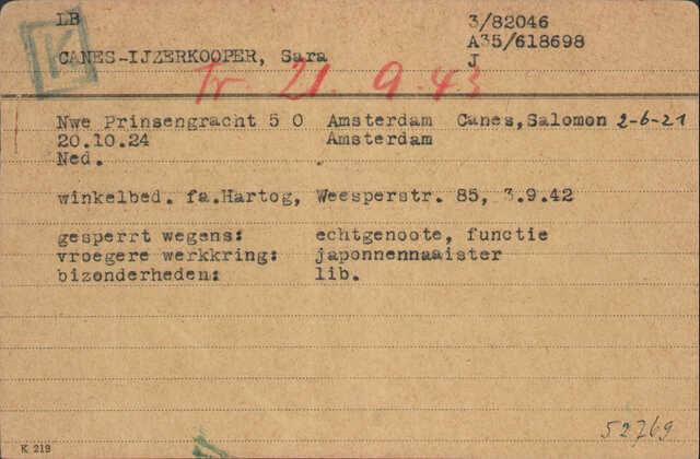 Archiefkaart Joodse Raad Sara Canes - ijzerkoper geboren 20-10-1924.jpg