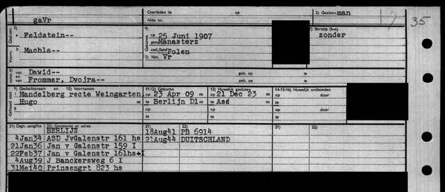 Registratiekaart Machla Feldstein (Stadsarchief Amsterdam)