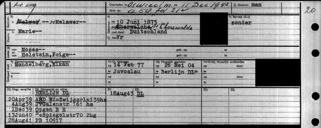 Registratiekaart Marie Mandelberg-Melawer (Stadsarchief Amsterdam)