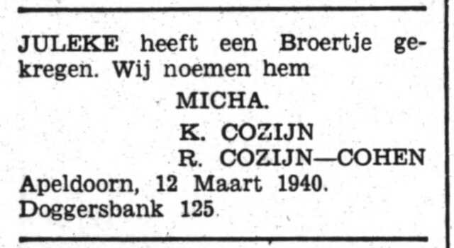 Cozijn, Karel, 1940.03.12, Geboorte Micha ('Juleke') (dagblad voor de arbeiderspartij).jpg