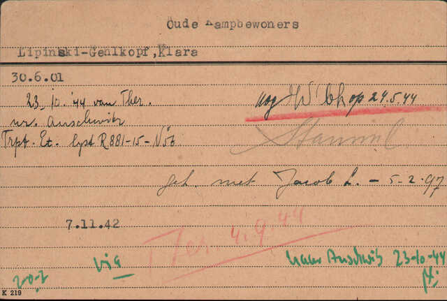 Lipinski-Gehlkopf Klara en Bloch-Lipinski Helga kaart Joodsche Raad Klara voorkant.jpg