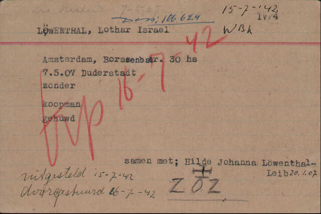 Löwenthal-Leib Hilde Johanna en man Lothar kaart Joodsche Raad Lothar voorkant.jpg